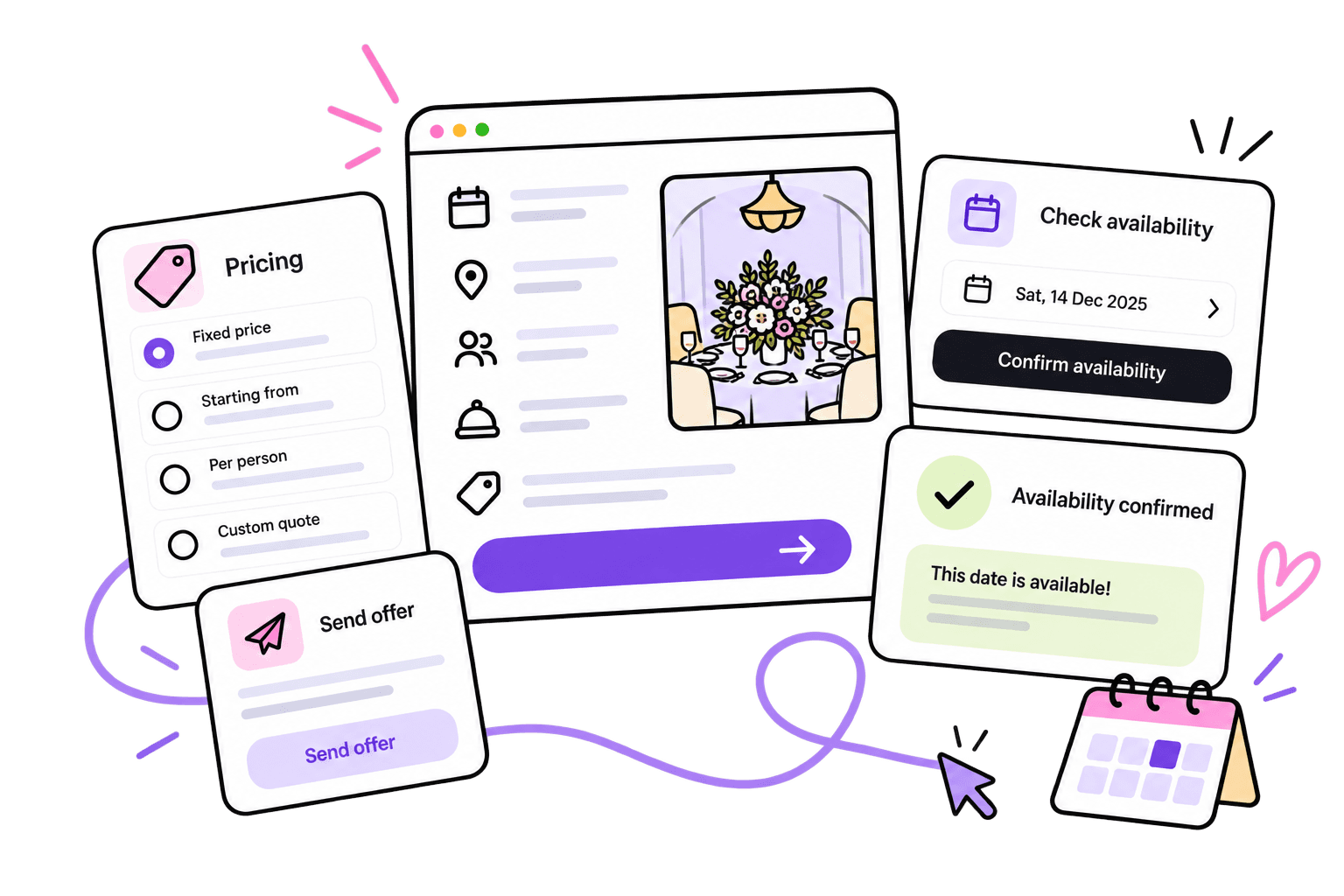 Plinkly service provider screens: pricing, availability check, and sending an offer